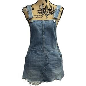 Free People Torn Up Denim Overall Jumper Mini Dress Frayed Light Wash Size W 0